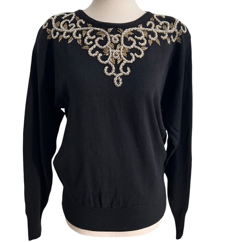 Vintage Liz Claiborne Lambswool + Acrylic Beaded Long Sleeve Black Sweater M